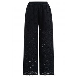 Tile Embroidered Eyelet Cotton Pants in Black | Chicwish