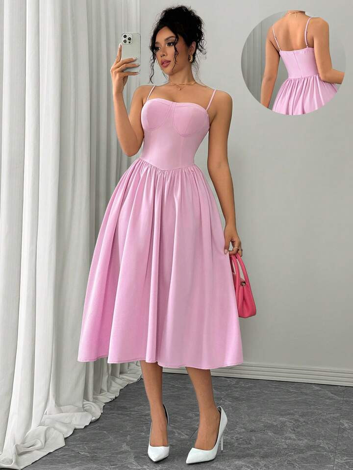 SHEIN PETITE Fashionable Versatile Sleeveless Cinched Waist Flared Mid-Length Pink Party Dress For Women | SHEIN