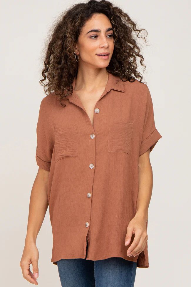 Camel Collared Button-Down Short Sleeve Blouse | PinkBlush Maternity