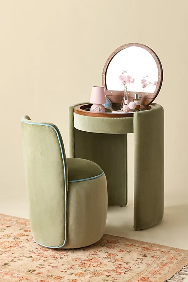 Jane Upholstered Vanity & Stool Set in Dark Green at Urban Outfitters | Urban Outfitters (US and RoW)