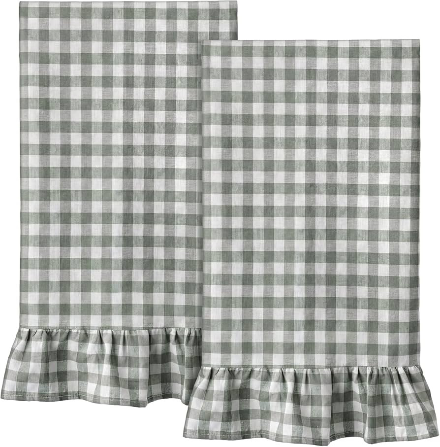 HunnmingRe Sage Green Kitchen Towels Set of 2, 100% Cotton Ruffled Gingham Dish Towels 18"x28" Te... | Amazon (US)