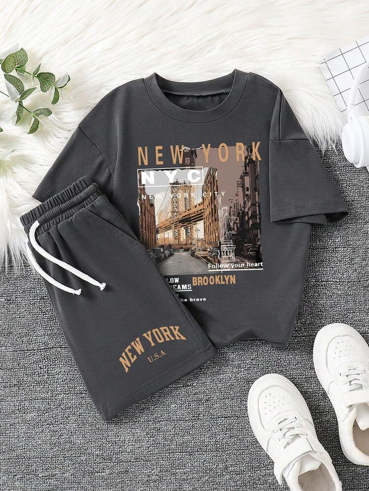 Young Boy Letter Print Short Sleeve T-Shirt And Shorts | SHEIN