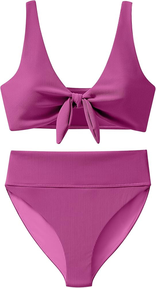 ANRABESS Bikini Sets for Women Summer High Waisted 2 Piece Bathing Suit Ribbed Tie Knot Swimsuit ... | Amazon (US)