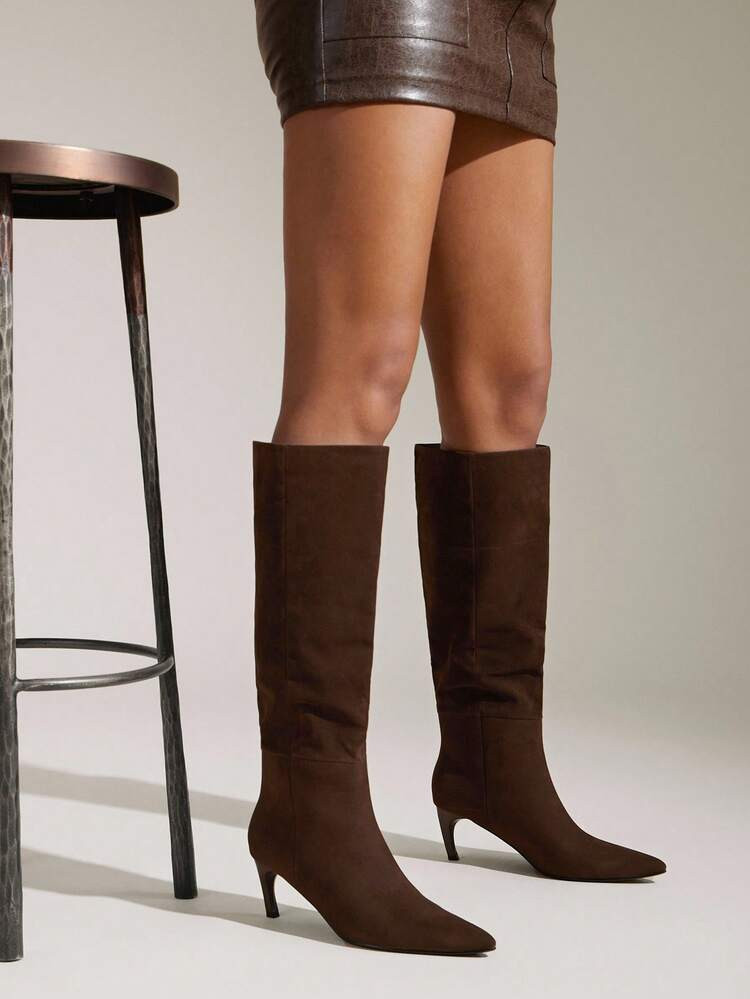 SHUZIA Women Brown Everyday Basic Minimalist Comfortable Zip-On Knee-High Heeled Boots | SHEIN