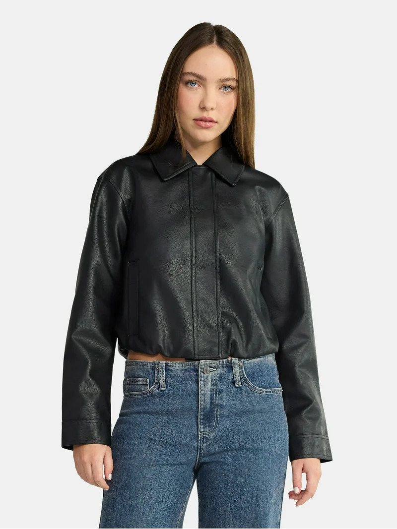 No Boundaries Bubble Hem Faux Leather Bomber Jacket, Women's | Walmart (US)