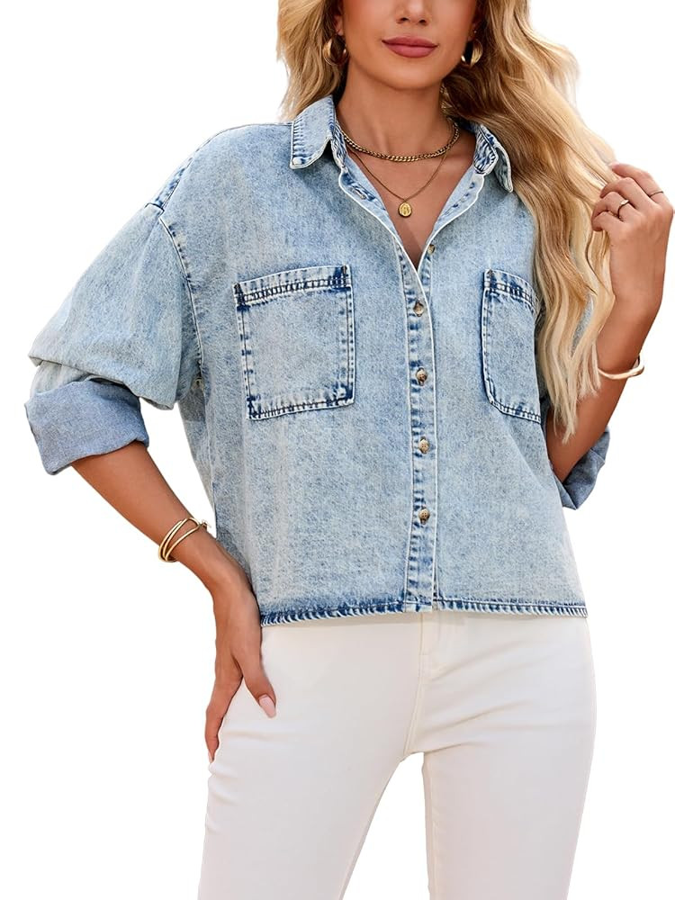 Women's Cropped Denim Shirt Long Sleeve Button Down Jean Blouse with Pockets, Comfort Fit Casual ... | Amazon (US)