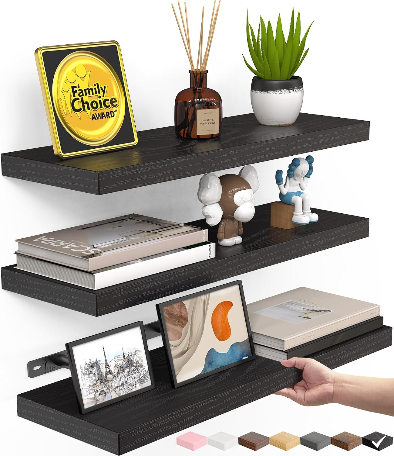 BAYKA Black Floating Shelves 15.7in, Set of 3, Wall Mount Rustic Wood Shelf | Amazon (US)