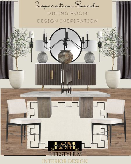 Beautiful dining room design for inspiration. Recreate the look at home for transitional and modern farmhouse style home. Buffet console table, wood snd stone dining table, dining room rug, dining chairs, white planters, faux olive tree, decorative candle holder, black curtain drapes, table lamp, artisanal vase, dining room chandeliers, wall sconce lights, round mirror, wood flooring.

#LTKSeasonal #LTKhome #LTKstyletip