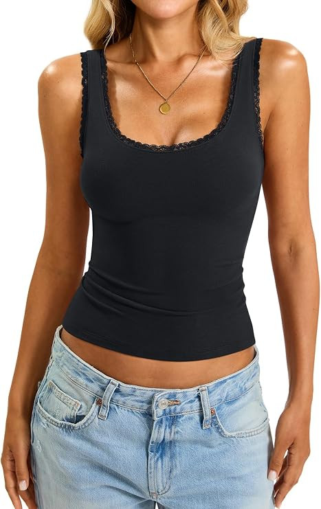 EasyGala Womens Cotton Lace Trim Tank Tops Slim Fit Scoop Neck Cami Cute Going Out Tops Summer Ba... | Amazon (US)