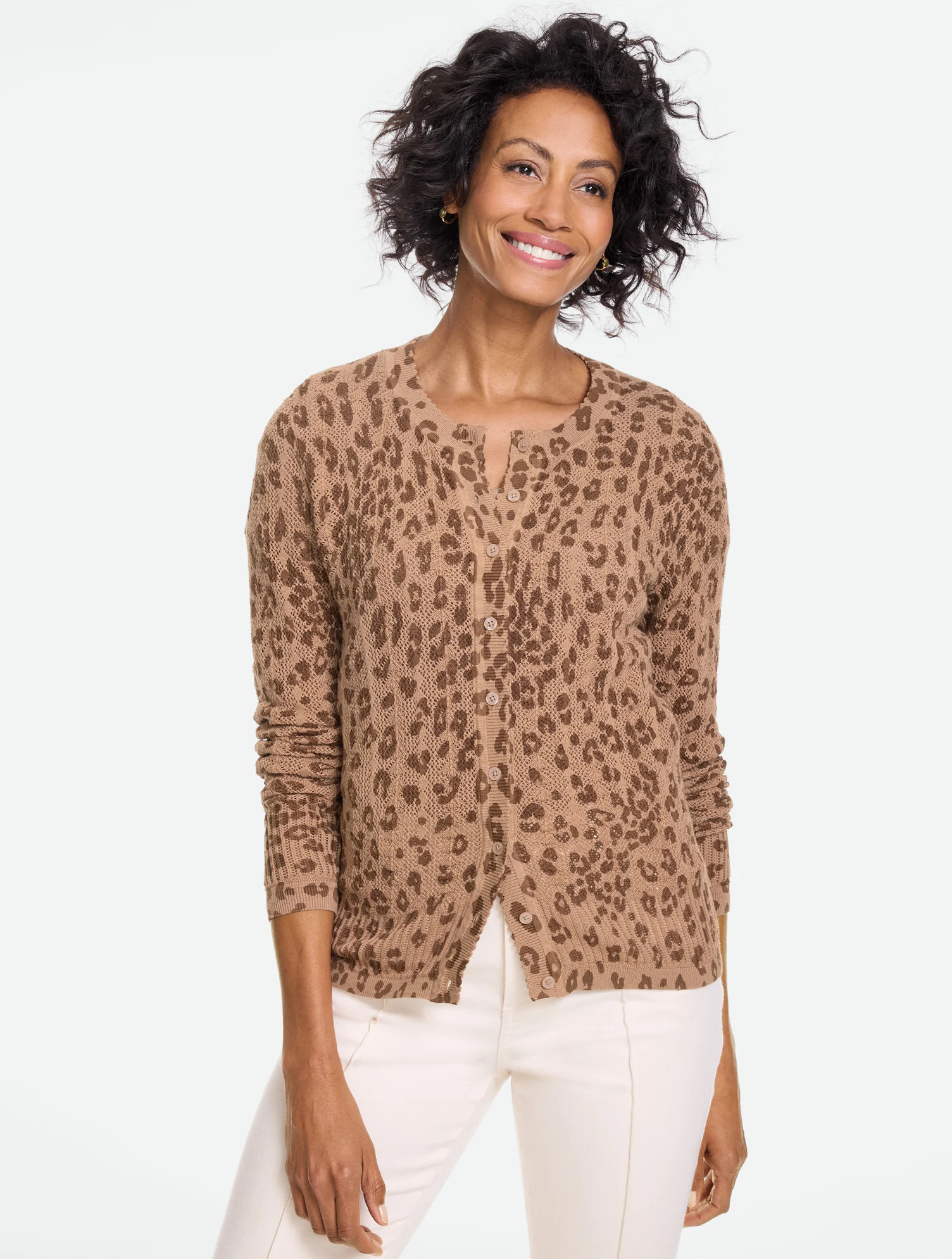 Petite - Pointelle Charming Cardigan Sweater - Modern Leopard - Light Brown/Dark Brown - Small Talbots | Talbots