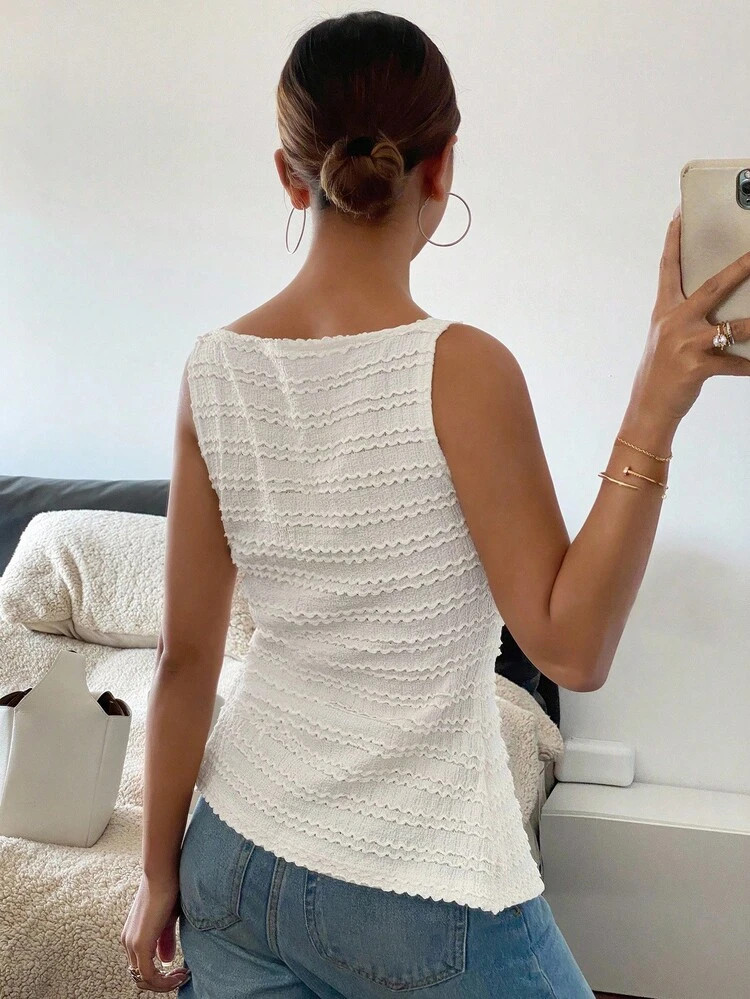 Siren Gaze Women Square Collar Open Placket Buttons Sleeveless Textured Horizontal Stripes Elegan... | SHEIN