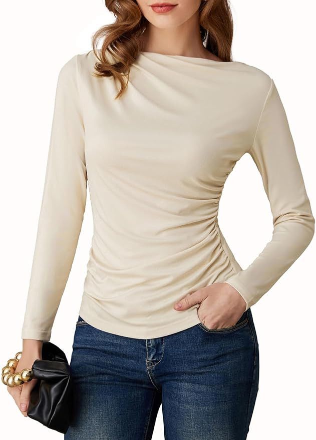 GRACE KARIN 2026 Women's Long Sleeve Wrap Blouse - Boat Neck Ruched Fitted Trendy Top for Fall Dr... | Amazon (US)