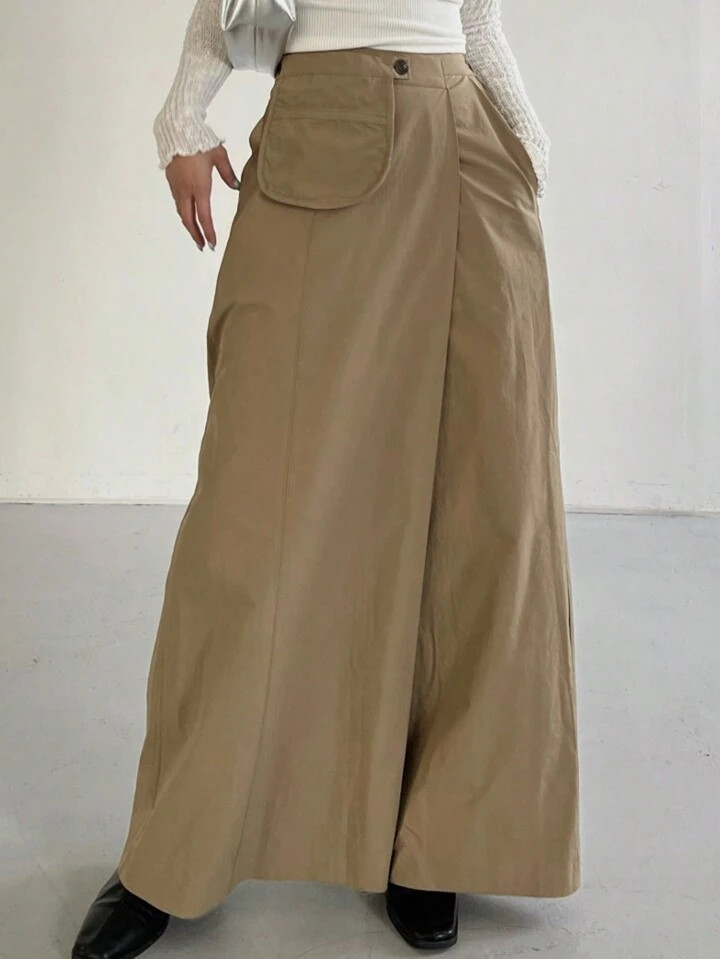 DAZY Women's Solid Color 2 In 1 Pant Skirt, Khaki, Business Casual All Season | SHEIN