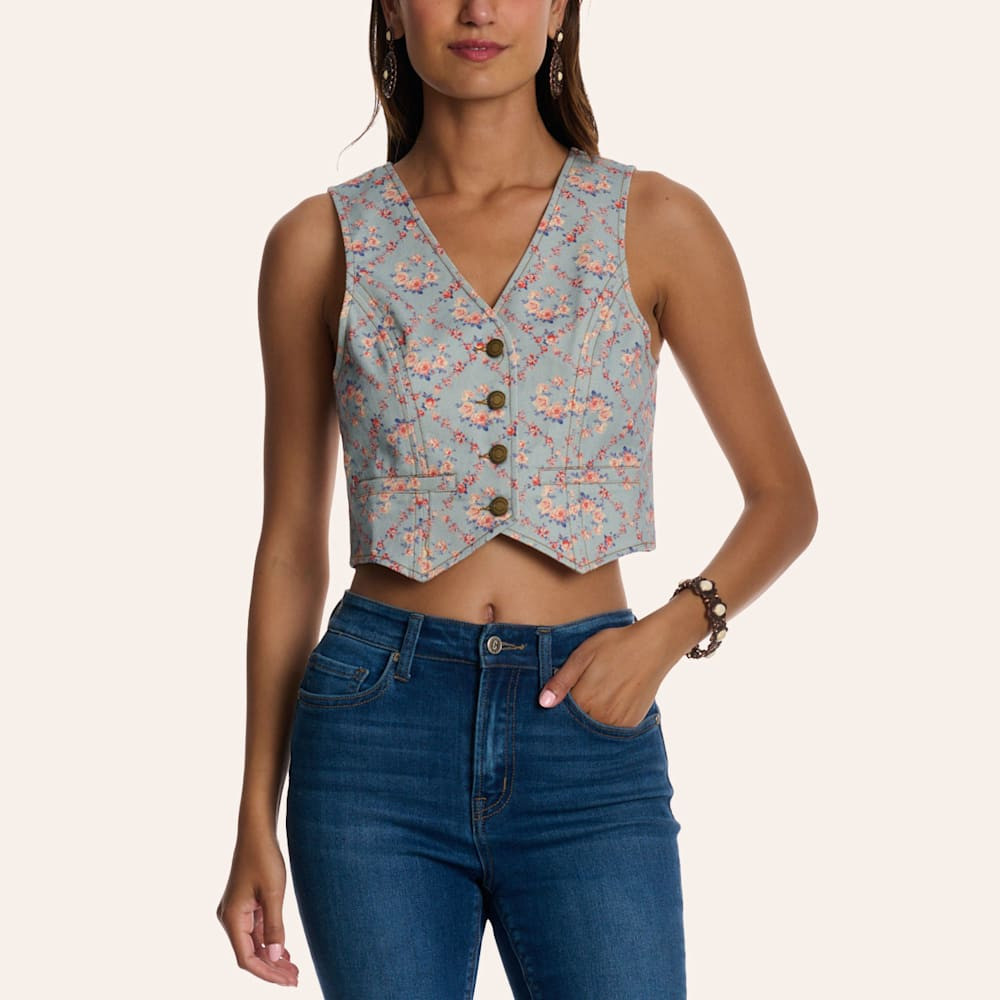 Peach Love Women's Light Wash Denim Floral Print Cropped Vest | Cavender's