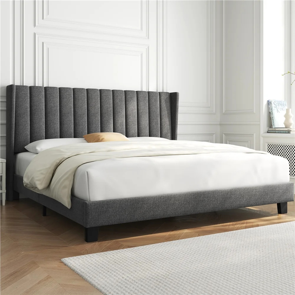 Topeakmart King Upholstered Bed Frame Wing-Designed Headboard, Dark Gray | Walmart (US)
