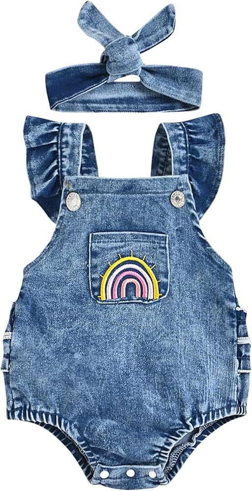 Newborn Infant Baby Girl Denim Ruffle Romper Bodysuit Blue Jeans Overalls One-Piece Rainbow Outfi... | Amazon (US)