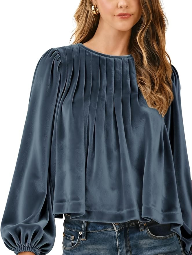 Gozoloma Women's Velvet Babydoll Top Long Sleeve Bubble Blouse Pleated Smocked Cuff Dressy Casual... | Amazon (US)