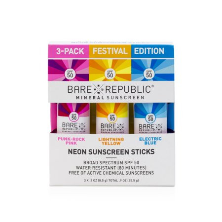 Bare Republic Mineral SPF 50 Neon Sunscreen Stick 3-Pack - Festival Edition - Pink Yellow Blue | Walmart (US)