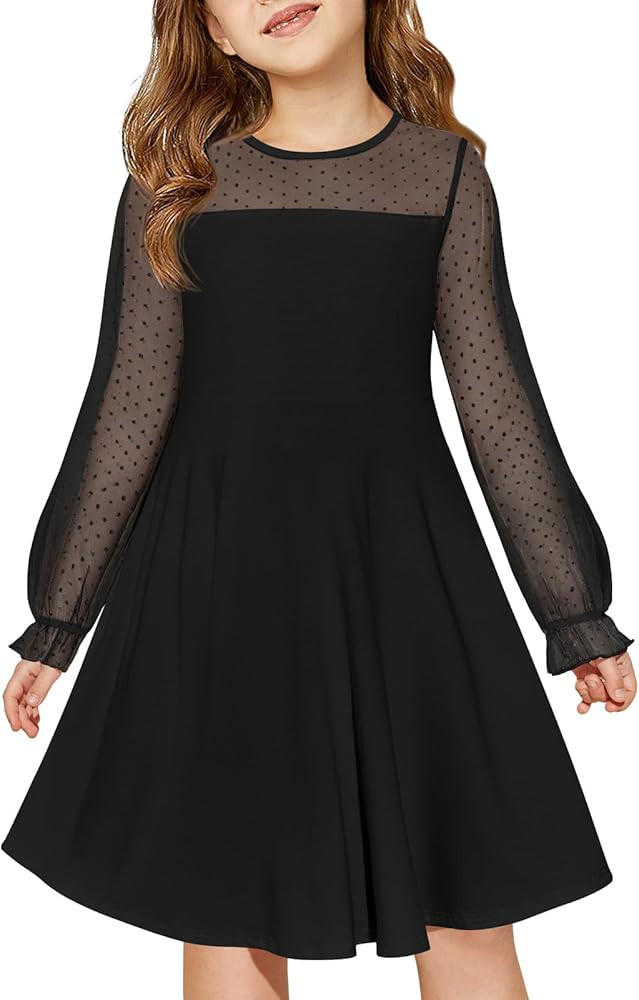 Haloumoning Girls Contrast Mesh Long Sleeve High Waist A Line Short Dress with Pockets 4-14 Years | Amazon (US)