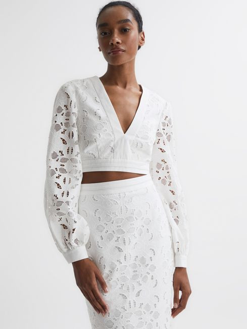 Reiss White Immi Lace Cropped Co-ord Blouse | Reiss UK