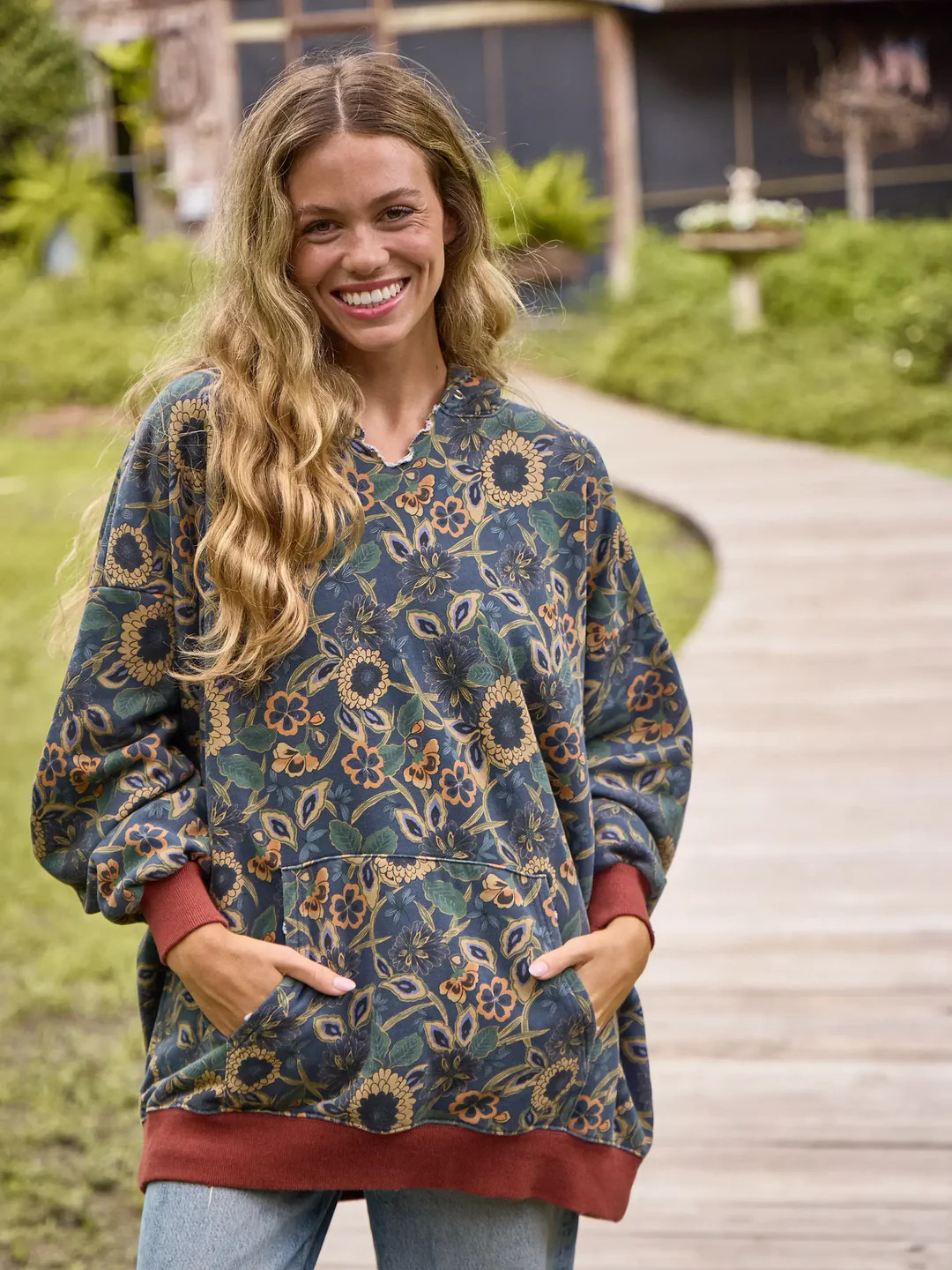 Oversized Printed Hoodie - Navy Tan Dahlias | Natural Life