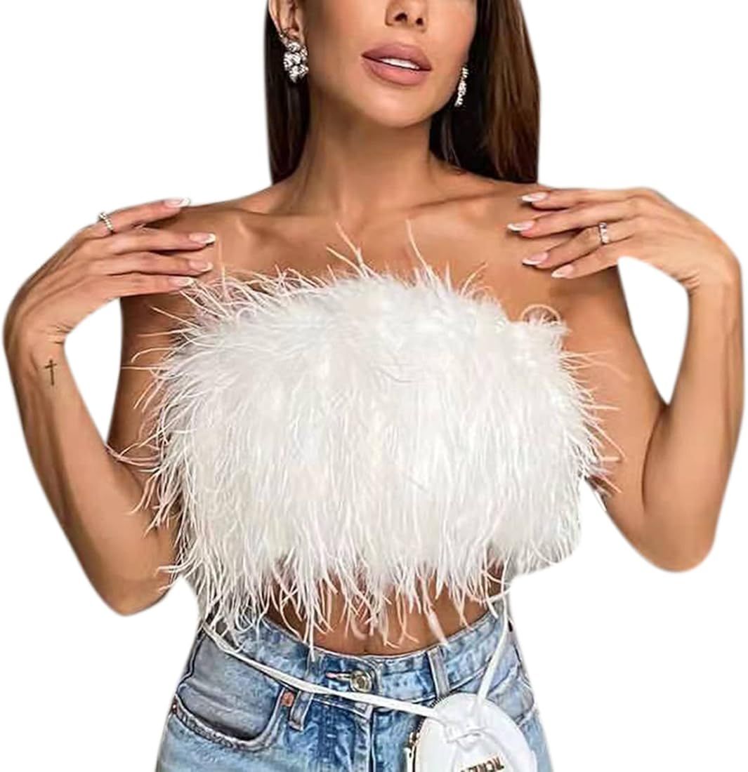 AIBEARTY Women Sexy Faux Fur Feather Crop Tops Strapless Bandeau Tube Top Plush Aesthetic Cami Ve... | Amazon (US)
