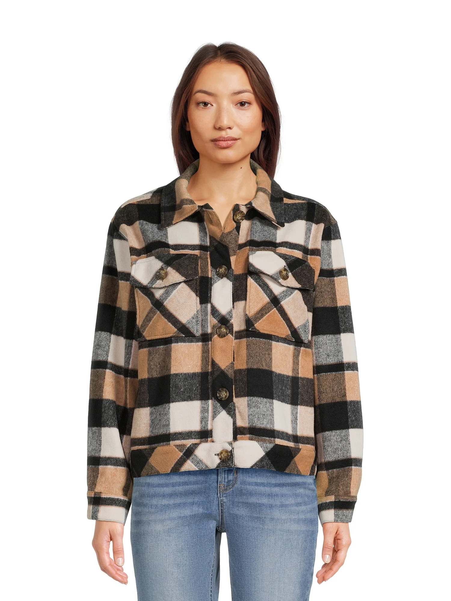 Time and Tru Women’s Plaid Button Down Cropped Shacket, Sizes XS-XXXL | Walmart (US)