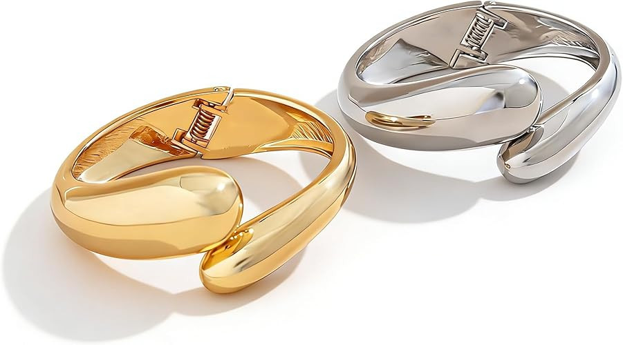 Gold Bangle Bracelets for Women Chunky Cuff Bracelet 18K Gold Plated Open Teardrop Bangle Set Wid... | Amazon (US)