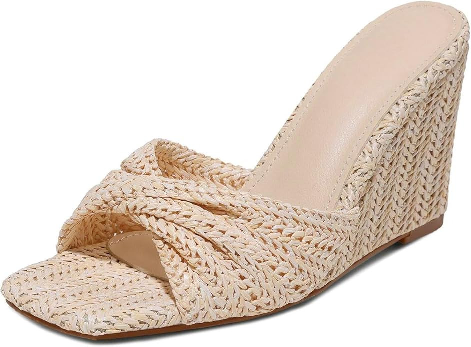 Wedge Sandals for Women Summer Raffia Braided Mules Slides - Slip On, Square Open Toe, Dressy, Be... | Amazon (US)