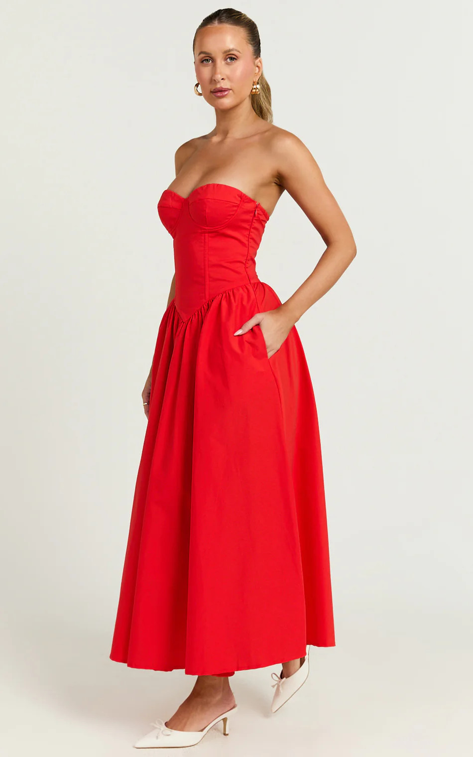 Daria Midi Dress - Strapless Corset Gathered Dress in Red | Showpo (US, UK & Europe)