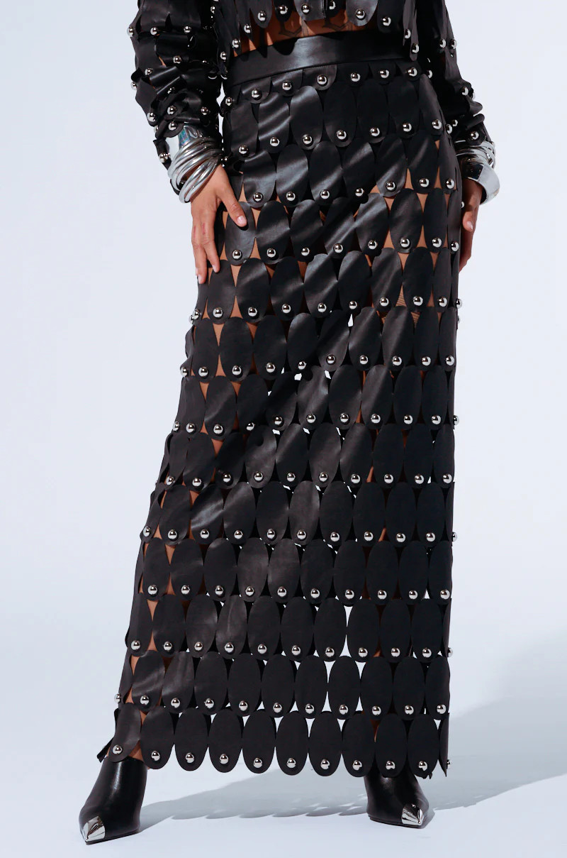 THE SNEAK PEEK STUDDED PU MIDI SKIRT IN BLACK | AKIRA