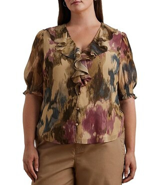 Lauren Ralph Lauren Plus Size Crinkle Georgette Abstract Floral Ruffled Trim V-Neck Elbow Sleeve ... | Dillard's