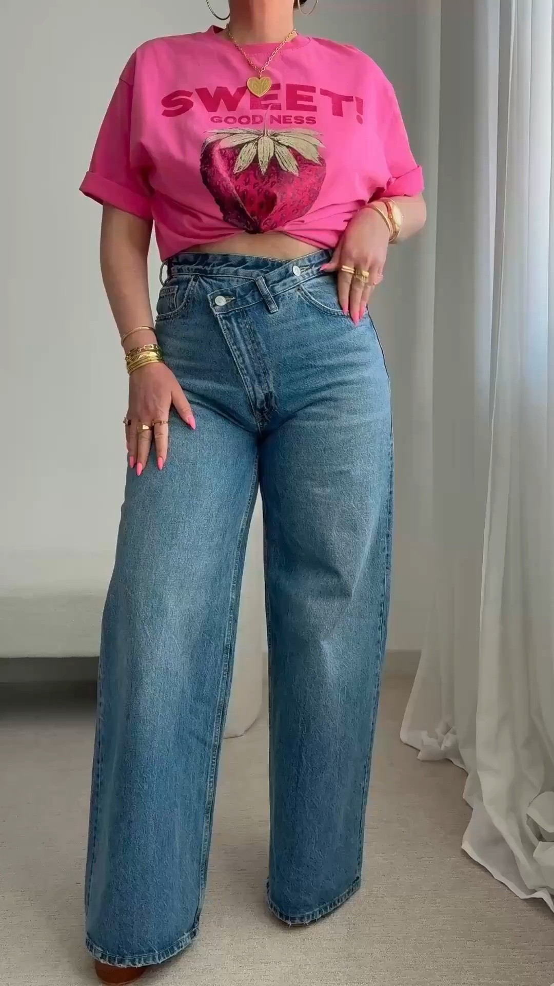 Wearing 2 sizes up in Zara wide leg jeans for hips and more leg volume. Will have the waist taken in to fit.

I tried the strawberry T-shirt up with a hair tie and tucked it under.

#LTKFindsUnder100 #LTKWatchNow #LTKOver40