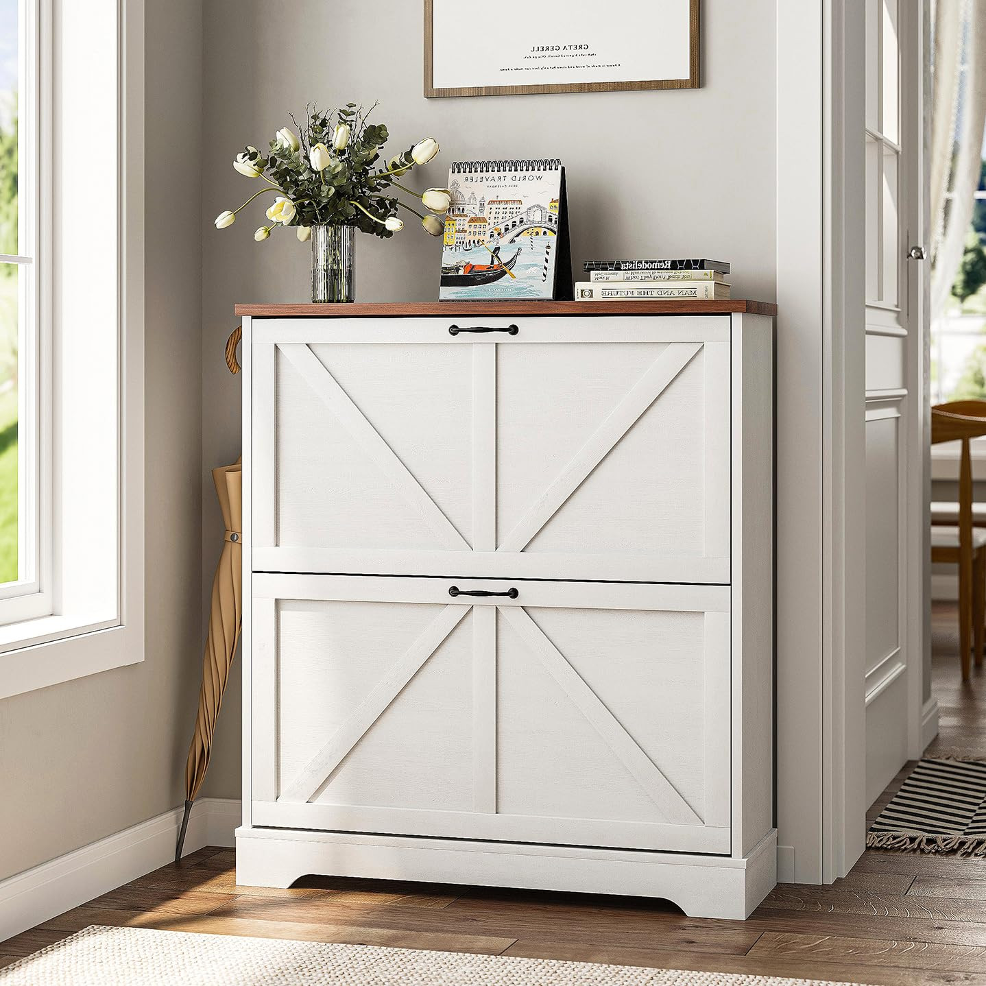 Shoe Storage Cabinet with 2 Flip Drawers, Narrow Entryway Organizer, Farmhouse Style with Wooden ... | Amazon (US)