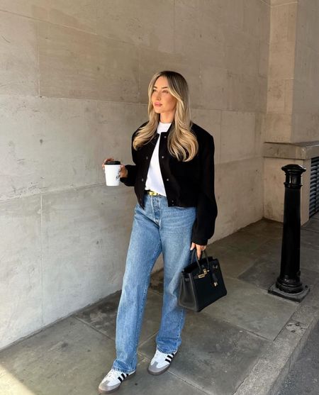 Smart casual, white tee, blue Levi jeans, black bomber collarless jacket with Adidas Sambas and Hermes Birkin Blackk

#LTKitbag #LTKSeasonal #LTKstyletip