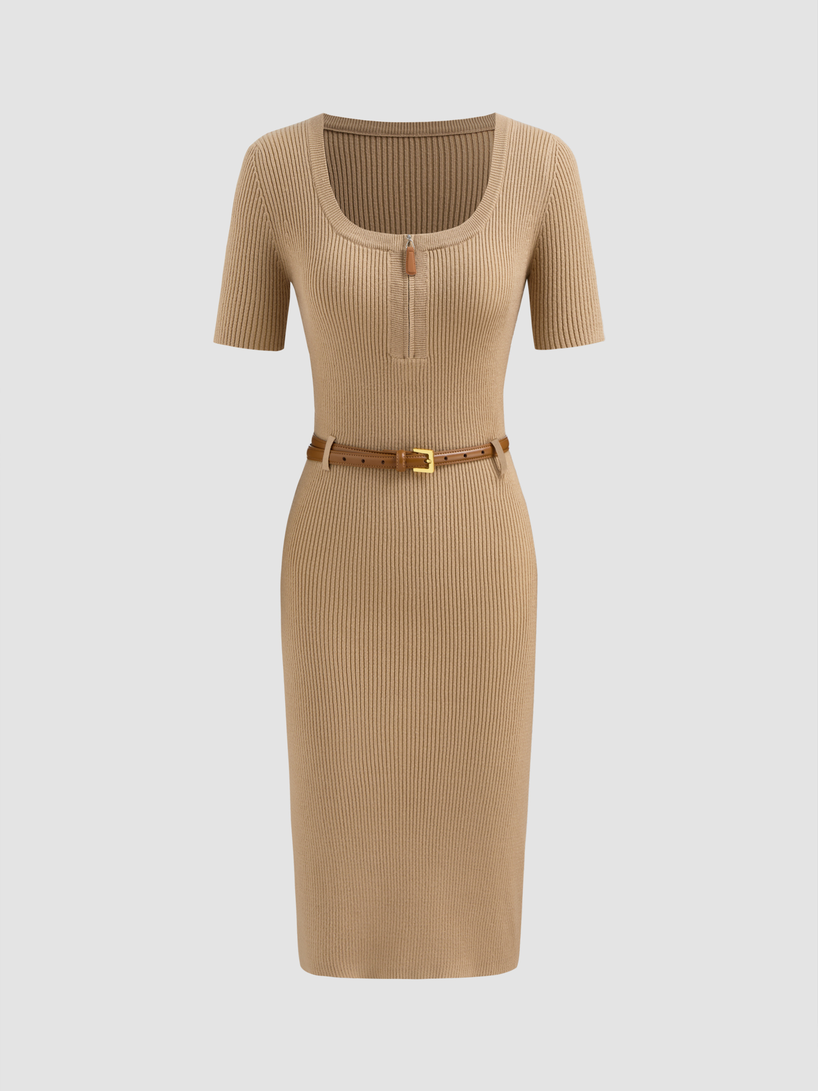Knit Scoop Neckline Solid Zipper Midi Dress With Belt | Cider
