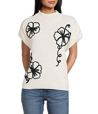 Blu Pepper Floral Knit Mock Neck Short Sleeve Sweater - S | Dillard's