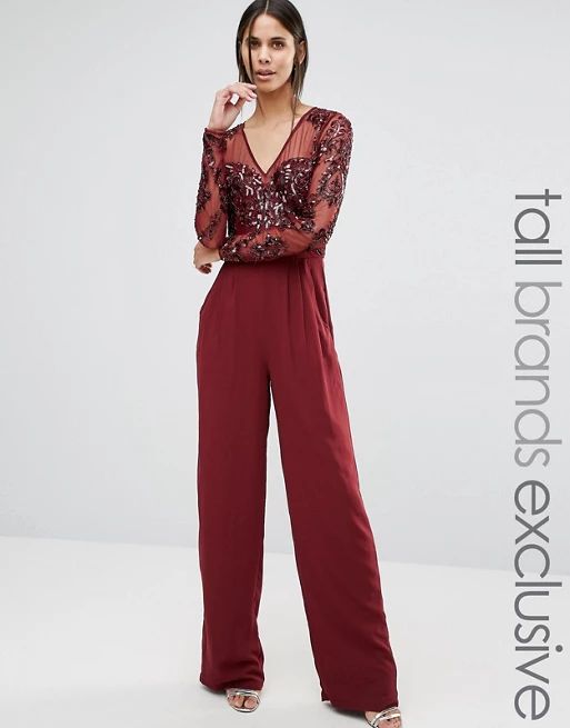 Maya Tall Long Sleeve Jumpsuit With Mesh And Embellished Top Detail | ASOS US