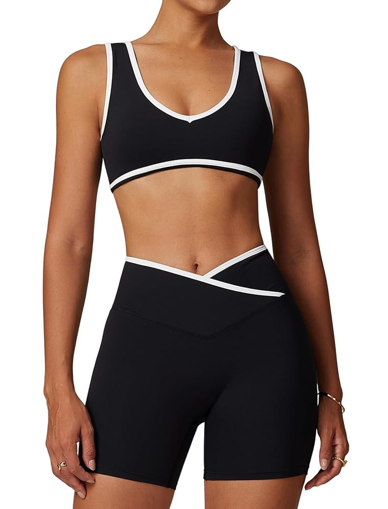 Two Piece Workout Sets for Women Color Block Sports Bra and Scrunch Butt Lifting Shorts Gym Yoga ... | Amazon (US)