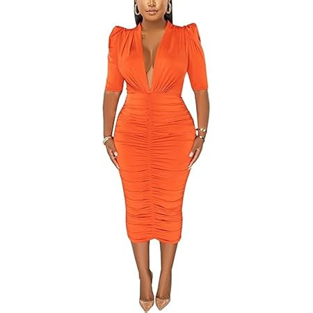 Women's Bodycon Ribbed Long Dresses Deep V Neck Long Sleeves Club Night Party Sweater Dress | Amazon (US)