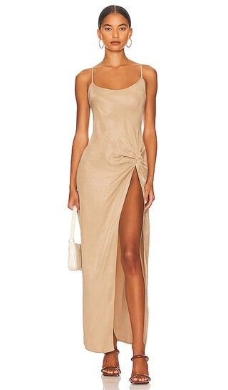 Turned Around Dress in Bronze | Tan Dress | Nude Dress | High Slit Dress Holiday Party Outfit Ideas | Revolve Clothing (Global)