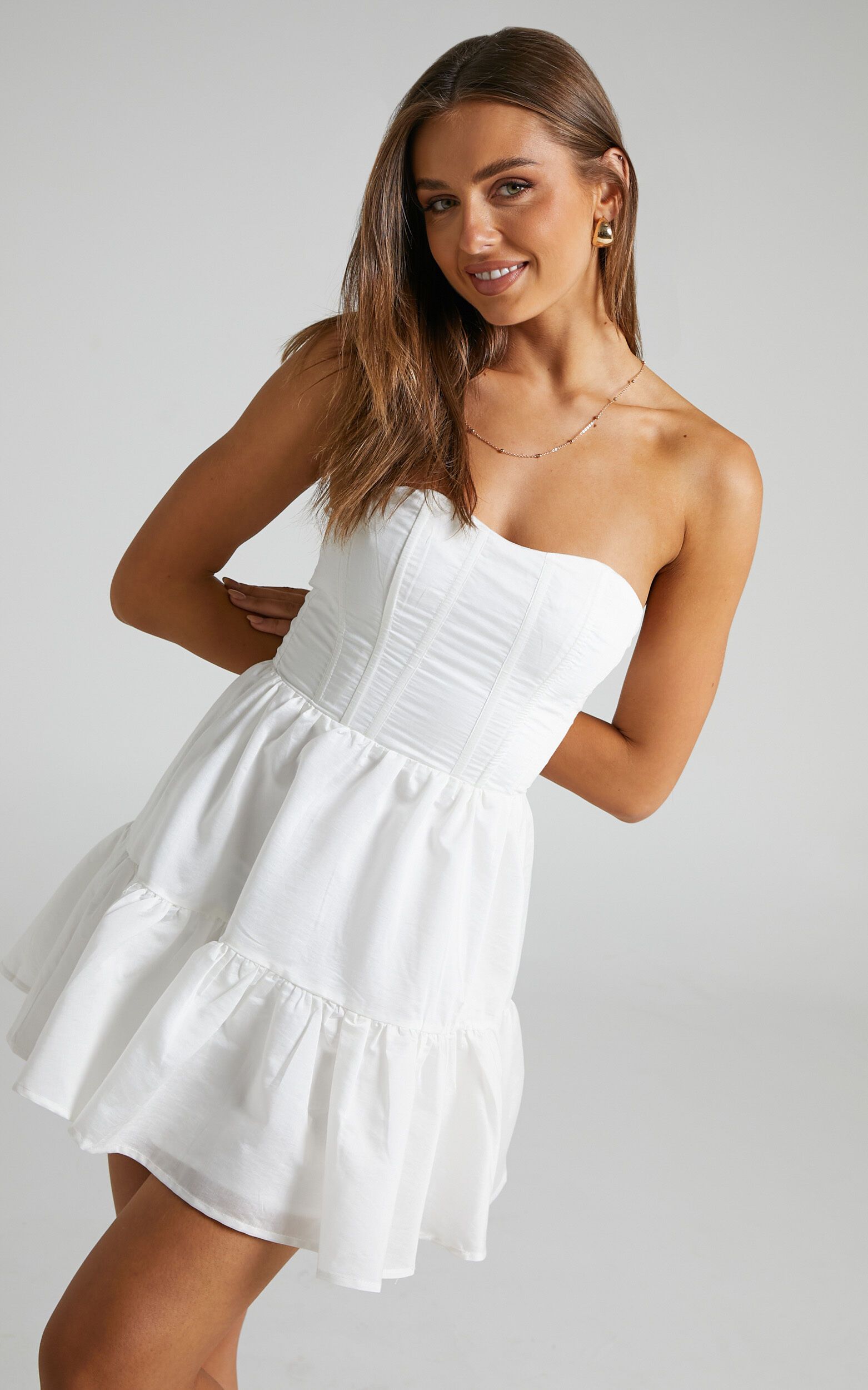 Marionne Strapless Tiered Mini Dress in White | Showpo - deactived
