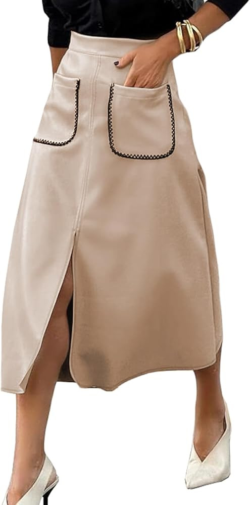 Happy Sailed Women's Faux Suede Skirt Spring Winter Elastic Waist Front Pockets A Line Midi Skirt... | Amazon (US)