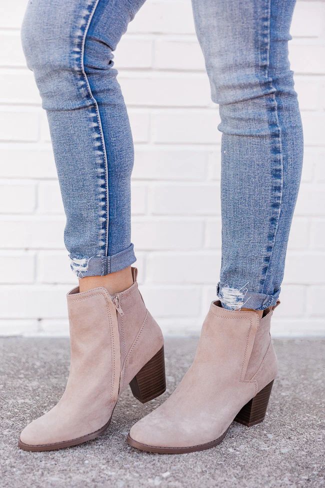 Carissa Taupe Block Heel Suede Bootie | Pink Lily