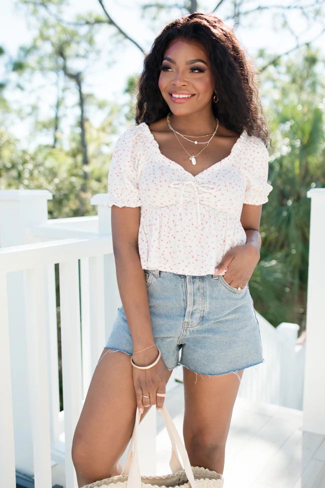 Big Feelings Ivory and Pink Floral Cinched Bust Knit Top | Pink Lily