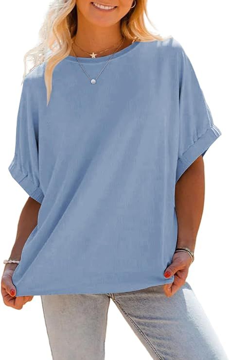 Tankaneo Womens Oversized Summer Tops 2024 Trendy Ribbed Knit Short Sleeve Crewneck Basic T Shirt... | Amazon (US)