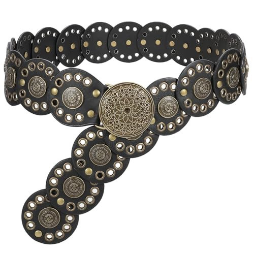 WHIPPY Western Belts for Women Vintage Disc Waist Belts Concho Leather Belts Boho Waist Belt for Dress Jeans, Bronze Black, M | Amazon (US)