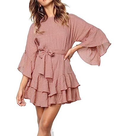 PRETTYGARDEN Women’s Casual Solid Color O-Neck 3/4 Bell Sleeve Ruffle Swing A Line Mini Dress ... | Amazon (US)