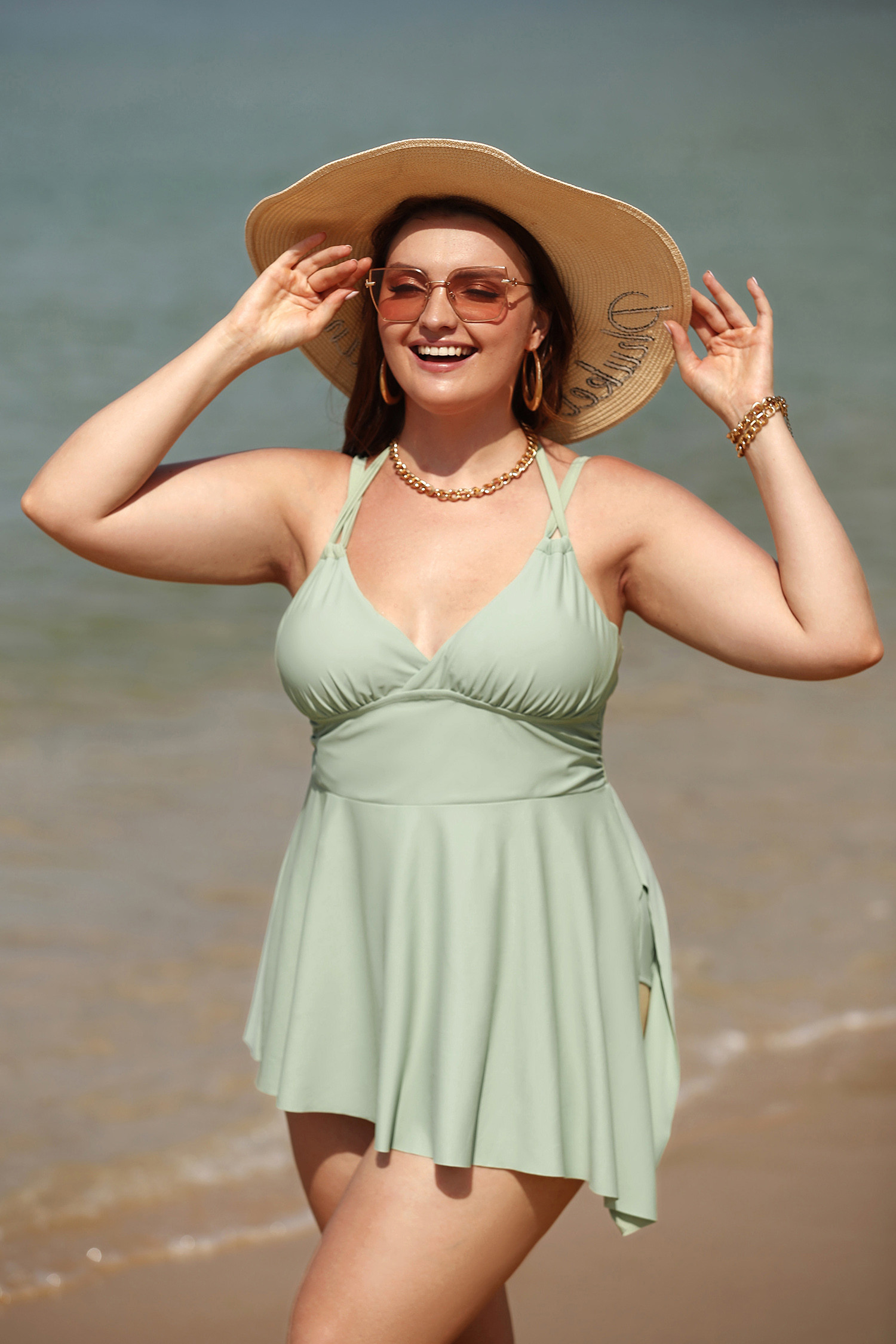 Mint Halter Plus Size Swim Dress | Cupshe US