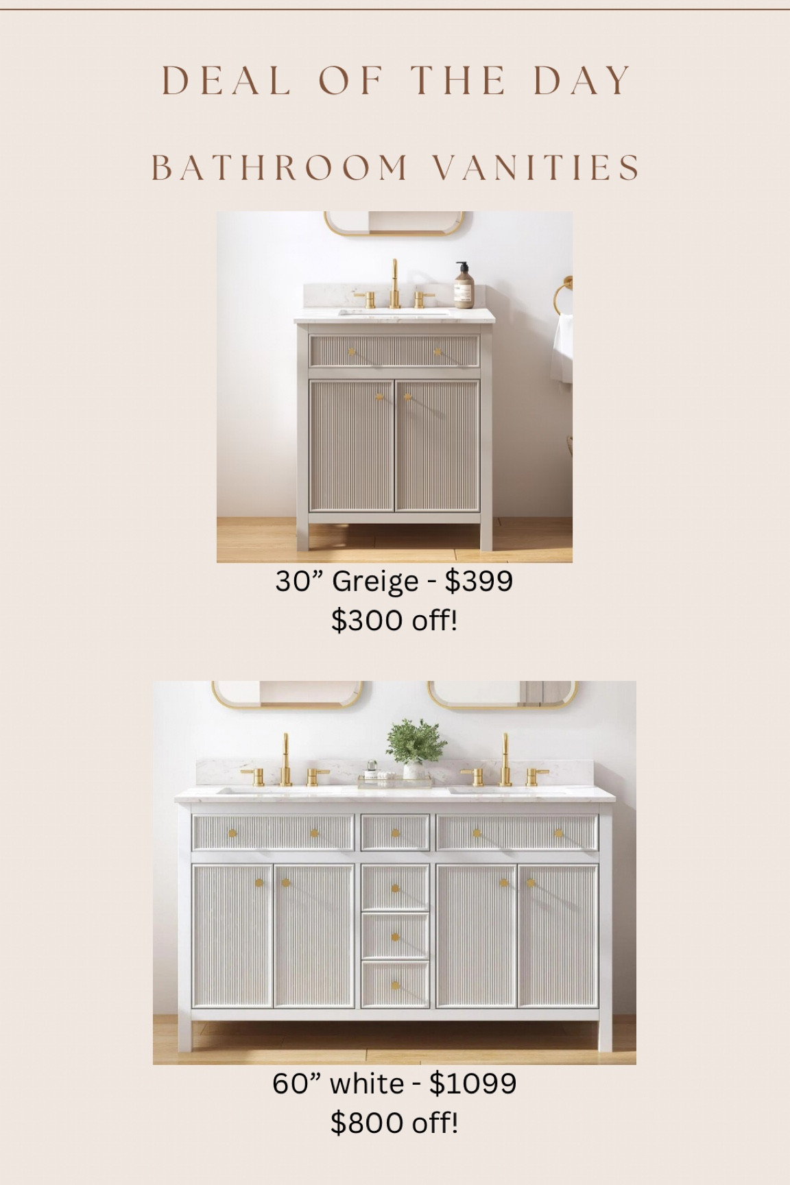 Highly rated bathroom vanity on major sale!! Most sizes have already sold out, but still in stock & on sale in:

30” Greige style. Now $399

And 60” white. Now $1099

#LTKsalealert #LTKstyletip #LTKhome
